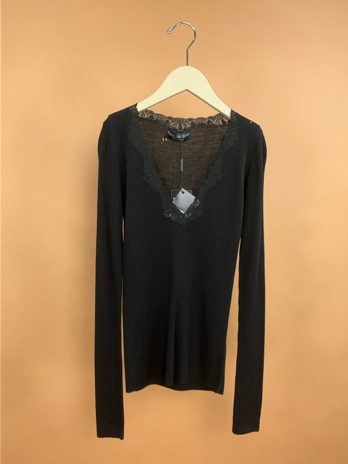 Y2K 'Dolce & Gabbana' Lace-Trim Black Ribbed Top - M