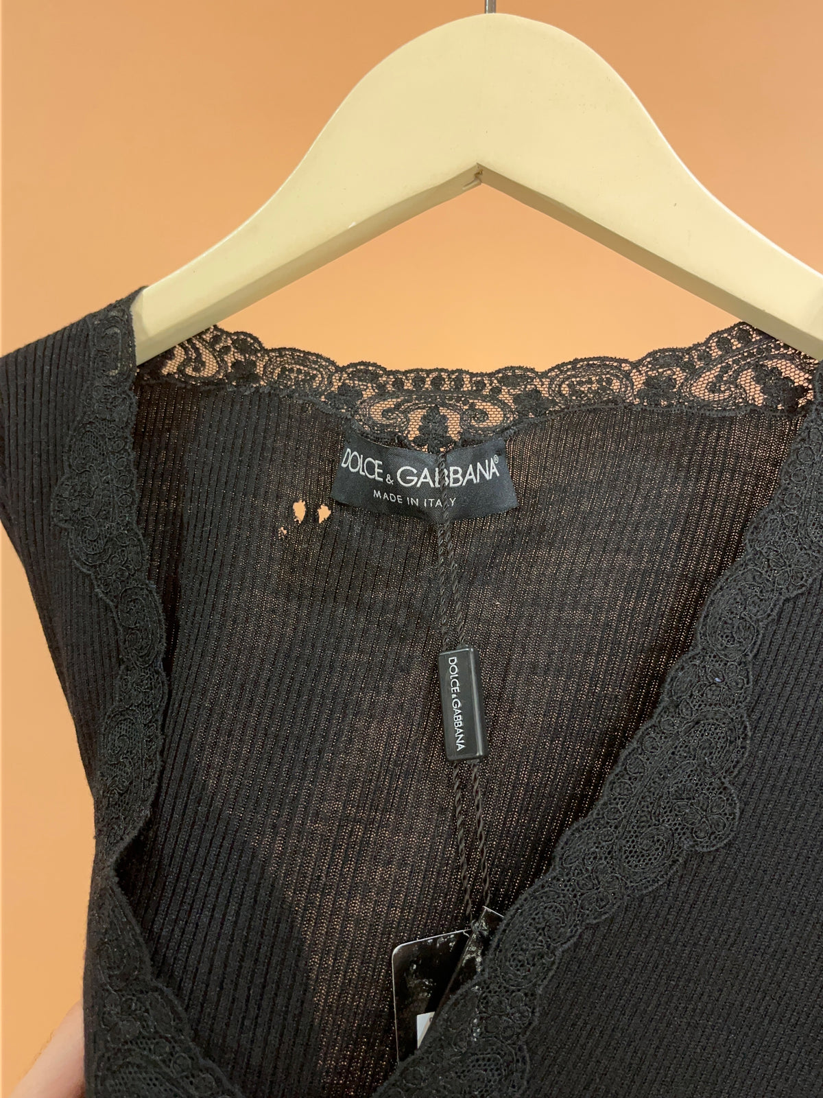 Y2K 'Dolce & Gabbana' Lace-Trim Black Ribbed Top - M