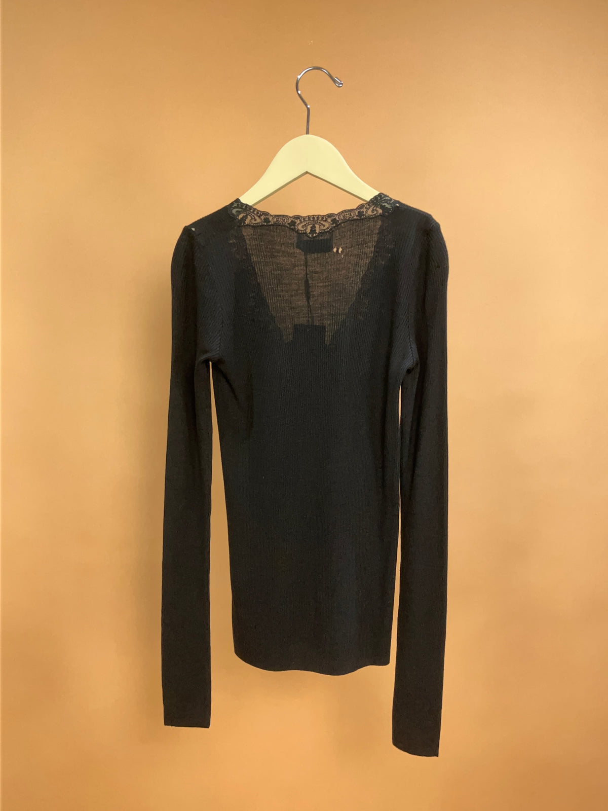 Y2K 'Dolce & Gabbana' Lace-Trim Black Ribbed Top - M