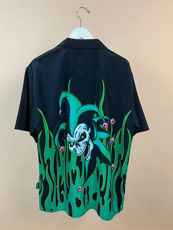 Y2K 'Dragonfly' Black & Green Jester Skull Flames Shirt