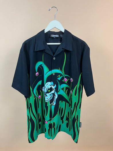 Y2K 'Dragonfly' Black & Green Jester Skull Flames Shirt