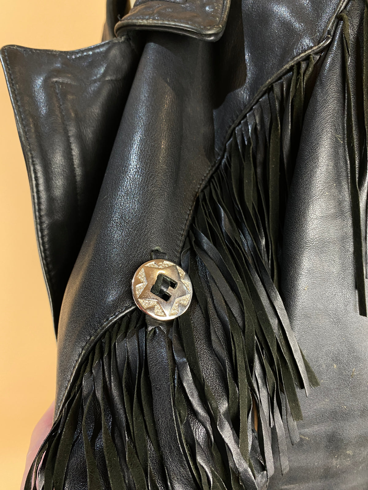 1980's Perfecto black fringed leather biker jacket with skull buttons, size S — Arkive Vintage
