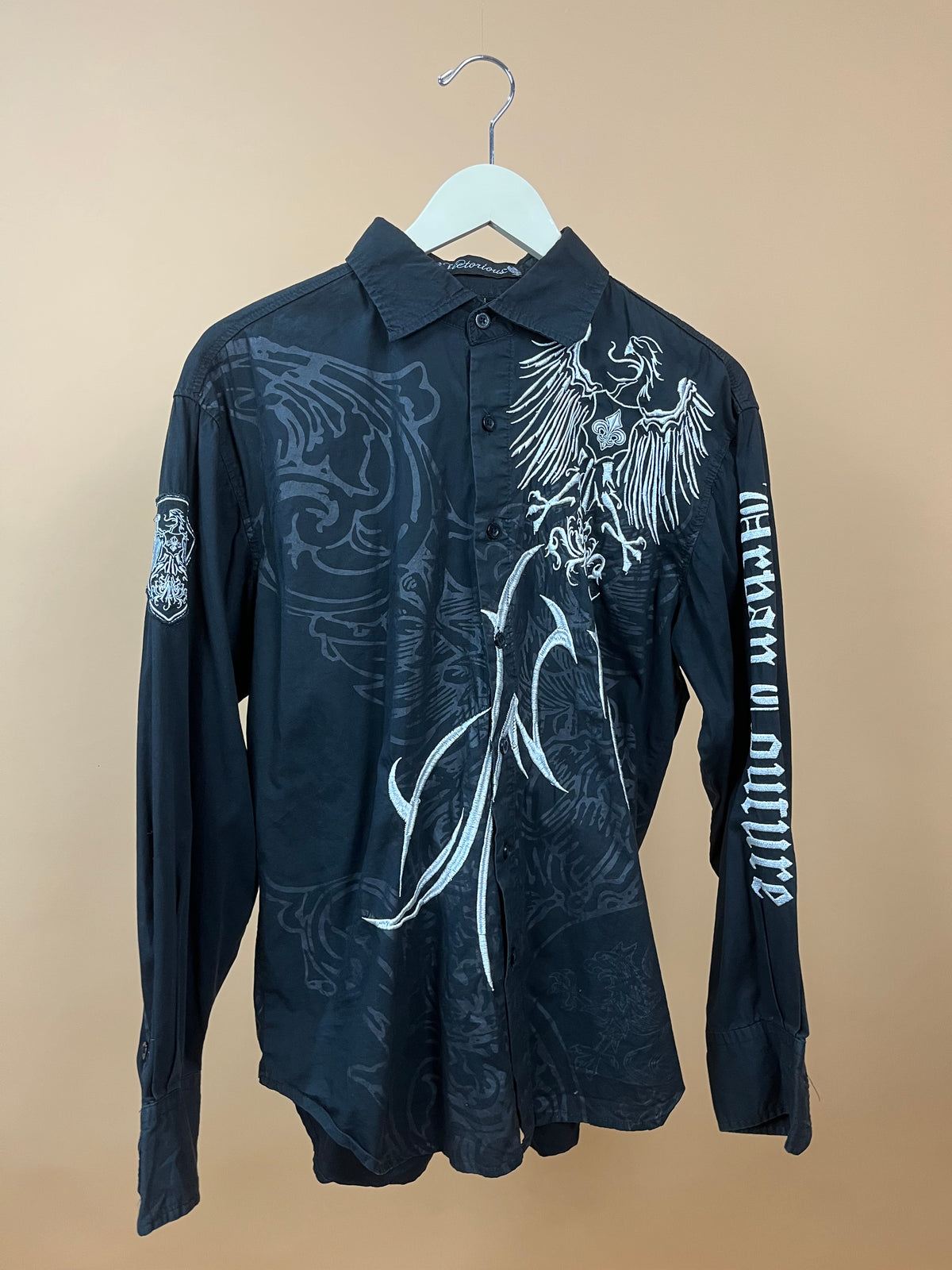 Y2K Victorious Embroidered Black & White Long Sleeve Shirt - L