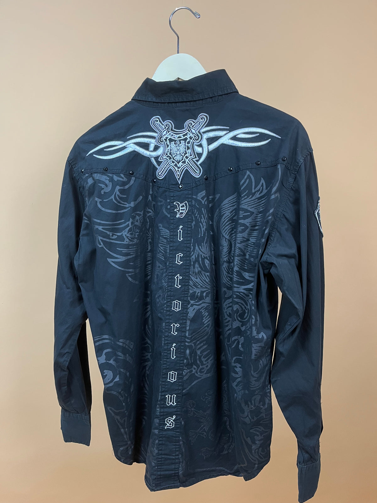 Y2K Victorious Embroidered Black & White Long Sleeve Shirt - L
