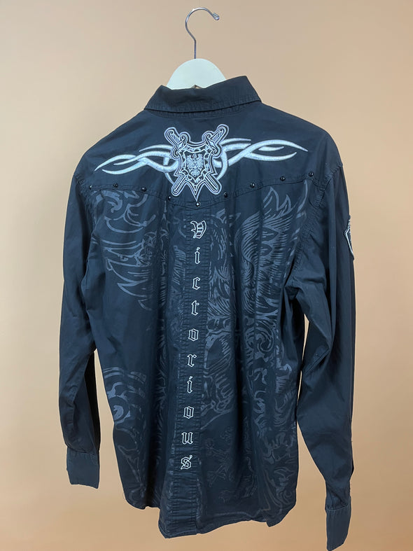Y2K 'Victorious' Embroidered Black & White Long Sleeve Shirt