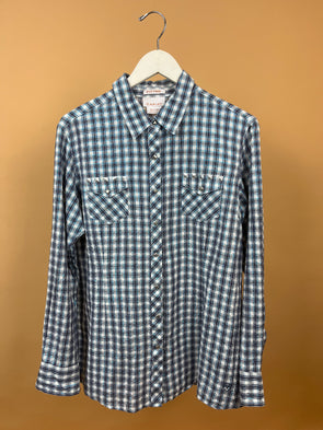 Y2K 'ARIAT' Blue, White & Plaid Metallic Shirt