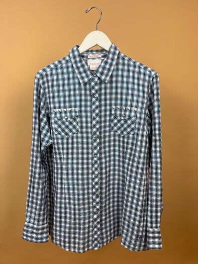 Y2K 'ARIAT' Blue, White & Plaid Metallic Shirt