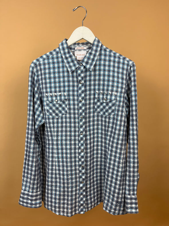 Y2K 'ARIAT' Blue, White & Plaid Metallic Shirt