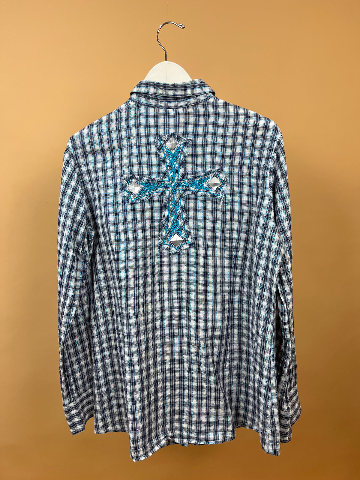 Y2K ARIAT Blue, White & Plaid Metallic Shirt - XL