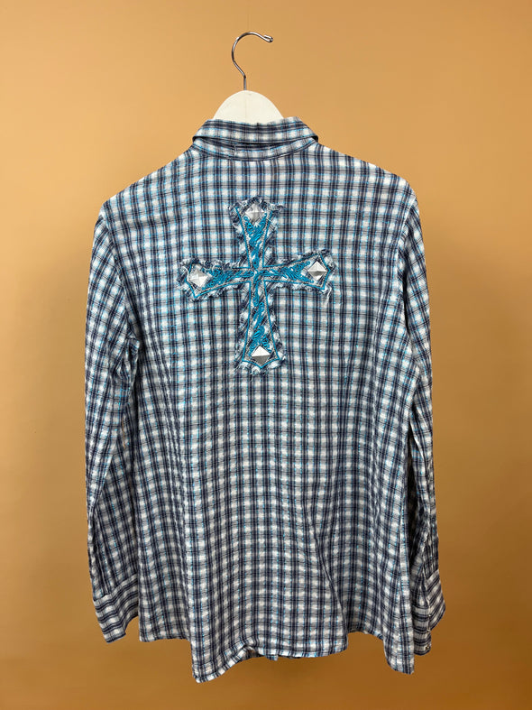 Y2K 'ARIAT' Blue, White & Plaid Metallic Shirt