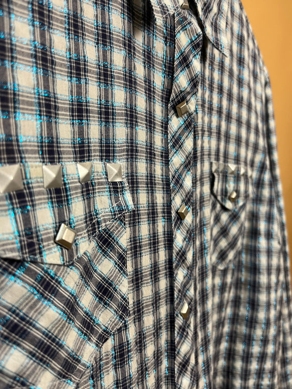 Y2K 'ARIAT' Blue, White & Plaid Metallic Shirt