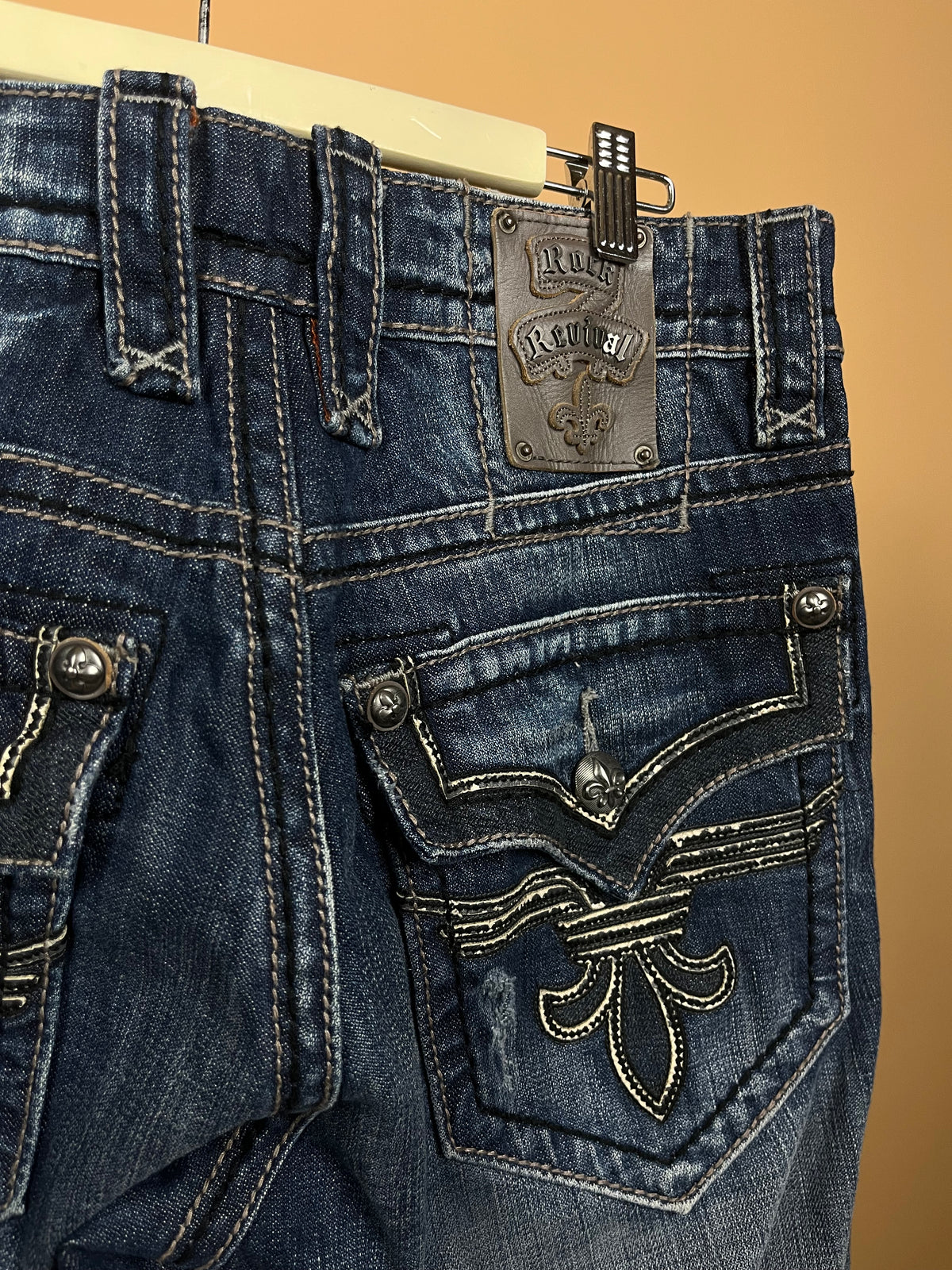 Y2K Rock Revival vintage washed jeans with Fleur de Lis embellishment, waist 35 — Arkive Vintage