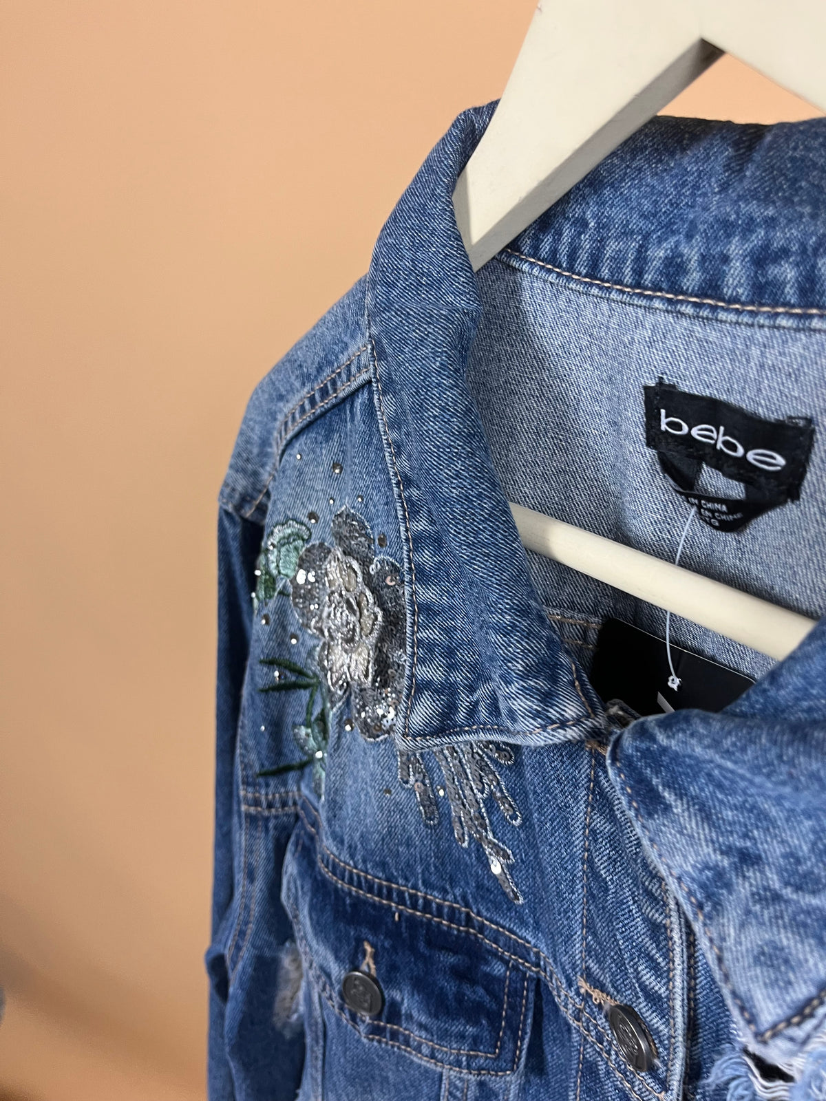 Y2K Bebe Floral Embellished Denim Jacket - XL