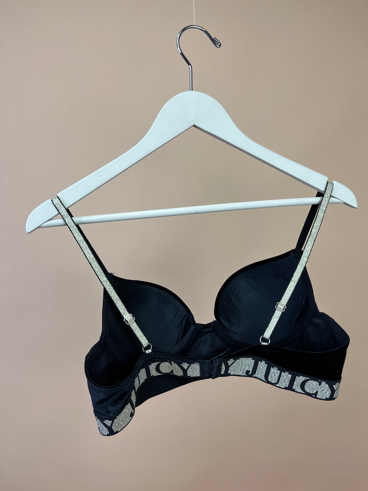 Y2K Juicy Couture black velvet bra with gold detailing, size 36B — Arkive Vintage