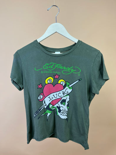 Y2K 'Ed Hardy' Army Green Tattoo Baby Tee