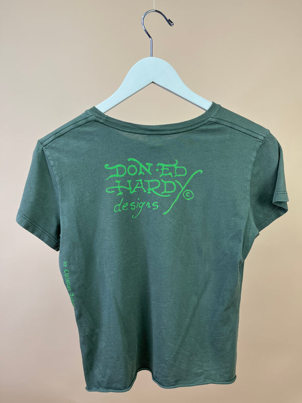 Y2K 'Ed Hardy' Army Green Tattoo Baby Tee