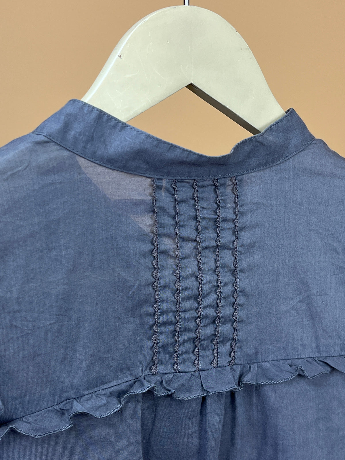 Y2K Juicy Couture soft grey blouse with frilled bib and shoulder detailing — Arkive Vintage