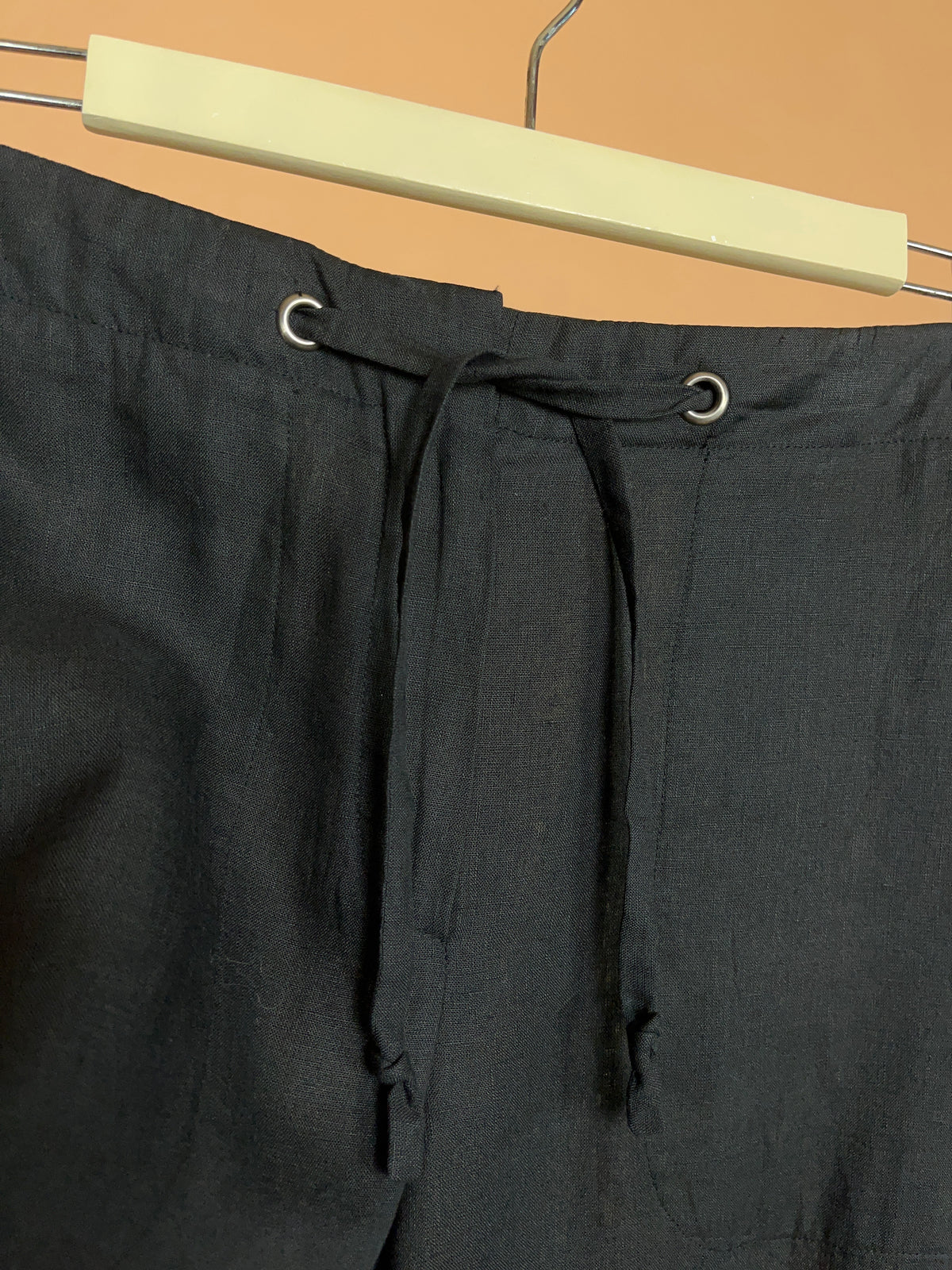 Y2K Hermès Paris Black Linen Drawstring Relaxed Trousers - 8