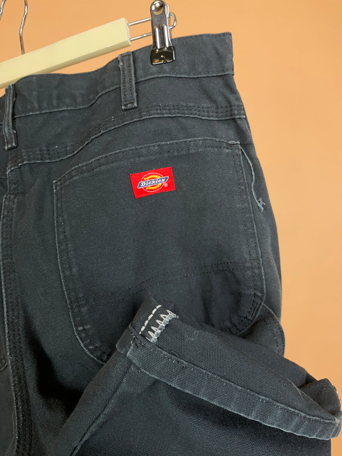 Dickies faded black cargo trousers in heavyweight cotton, worn-in finish — Arkive Vintage
