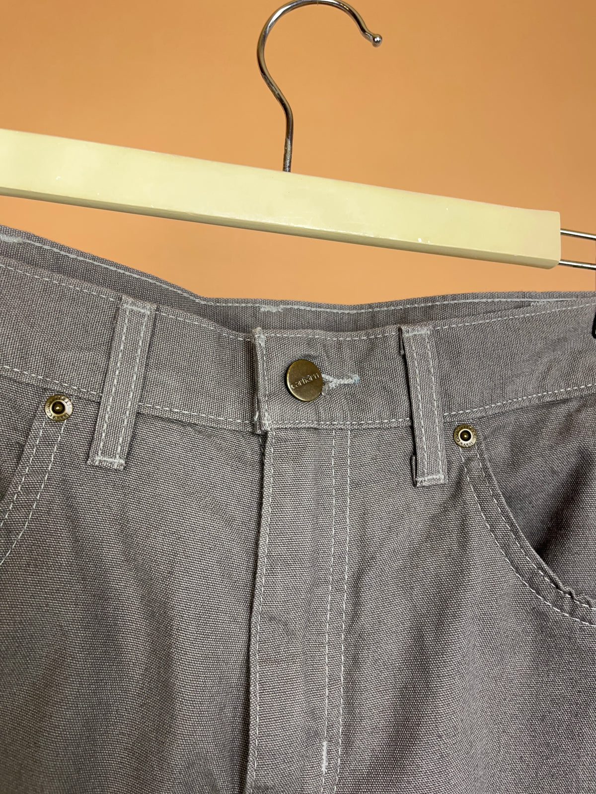 Carhartt light grey cargo trousers with signature leather back patch — Arkive Vintage