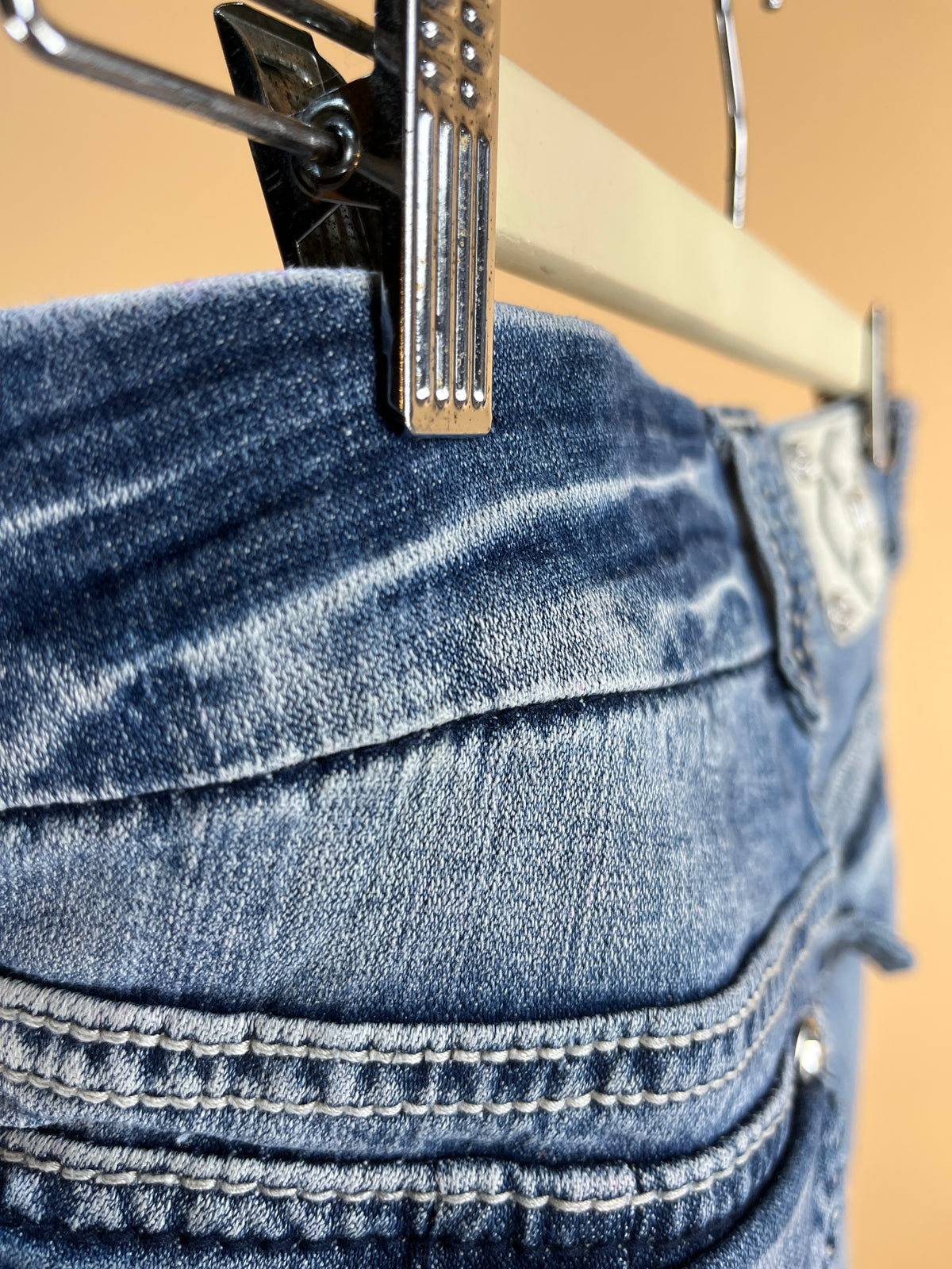 Y2K Miss Me distressed denim micro shorts with diamanté hardware, size 10 — Arkive Vintage