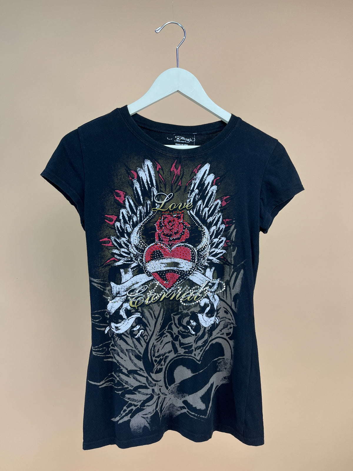 Y2K Ed Hardy Rhinestone Rose T-Shirt - S