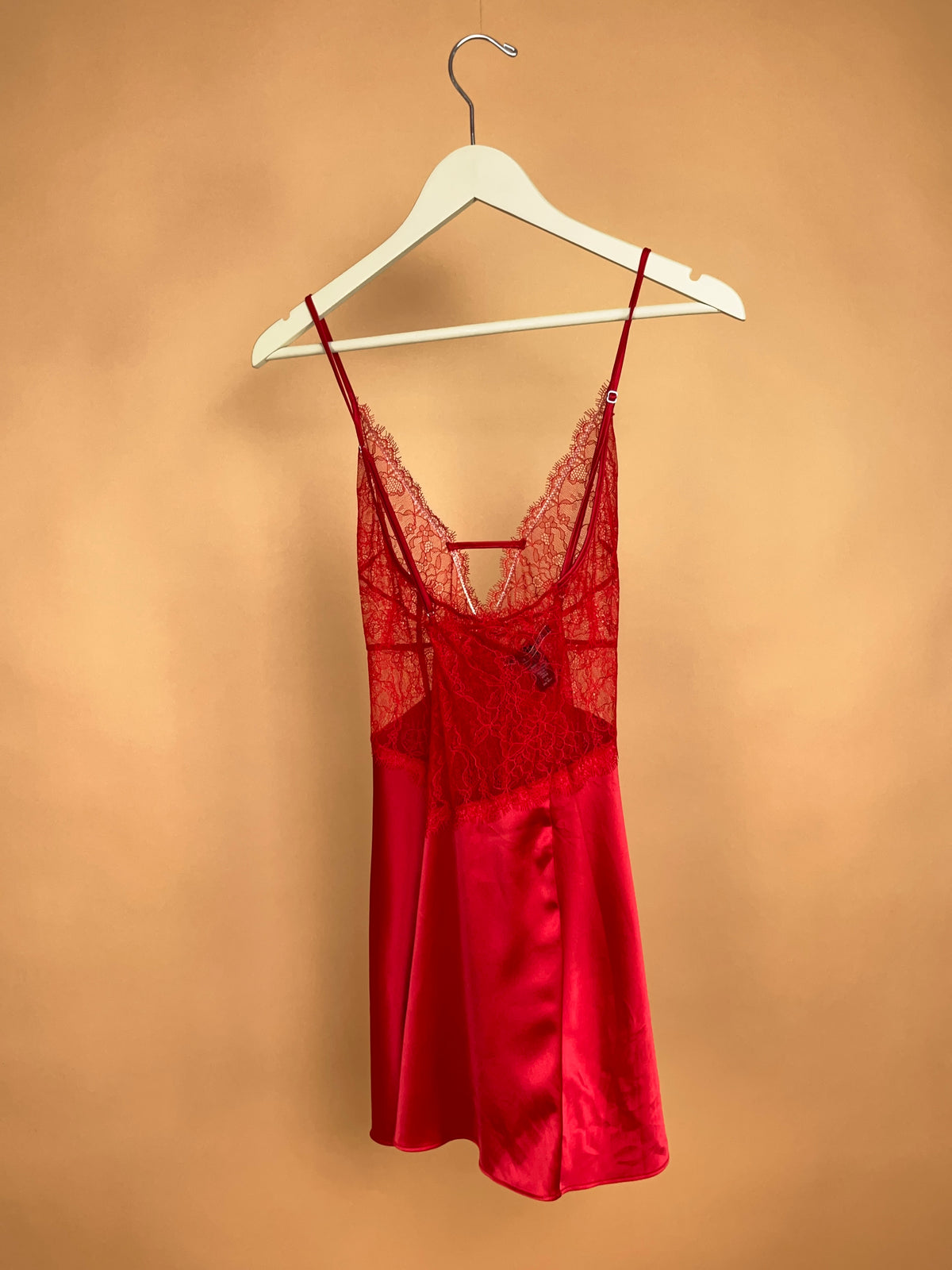 Victoria's Secret rose red lace slip dress, fluid polyester drape — Arkive Vintage