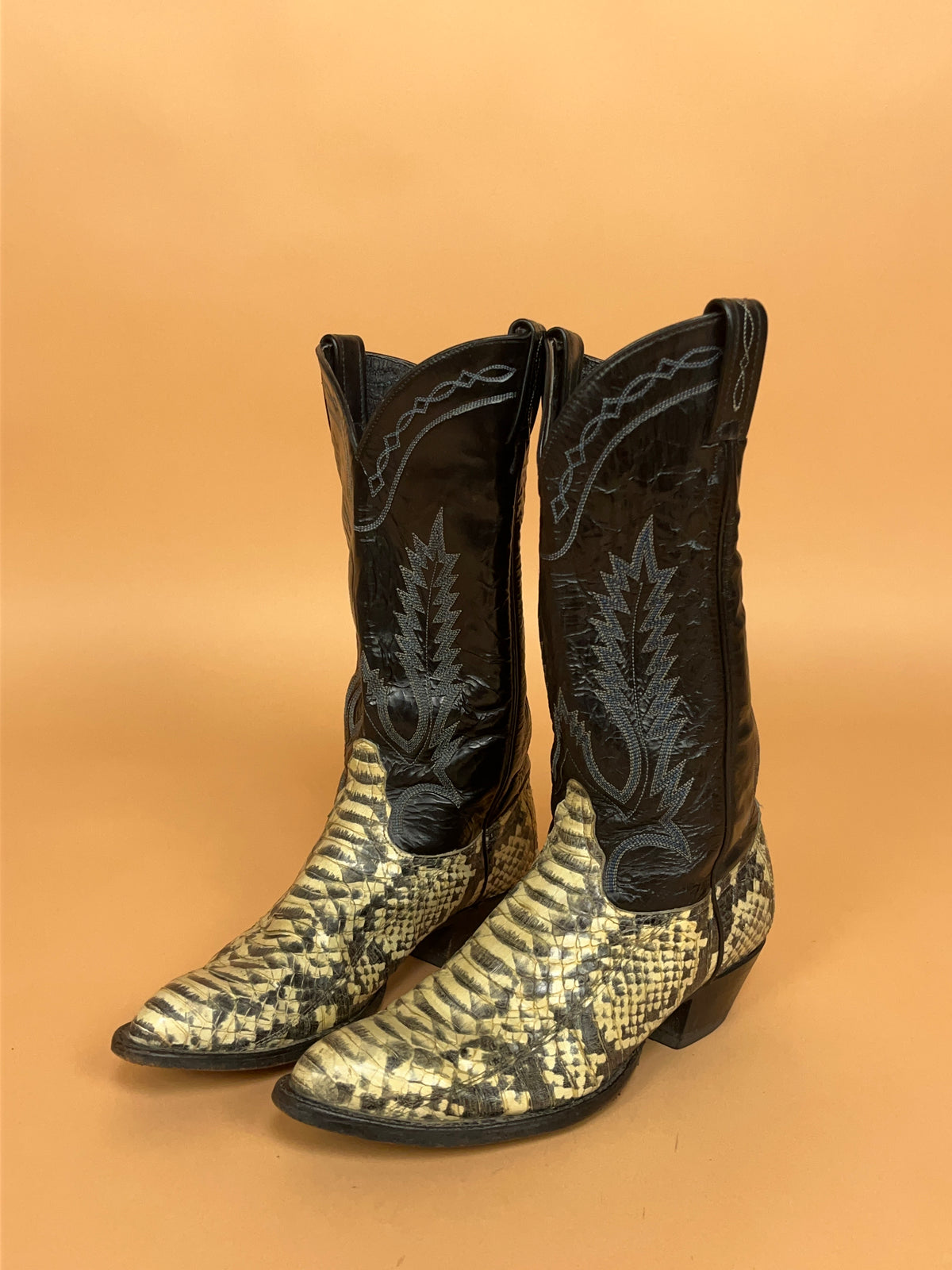 Vintage Two-Tone Snakeskin & Black Leather Western Boots - AU 7 Womens