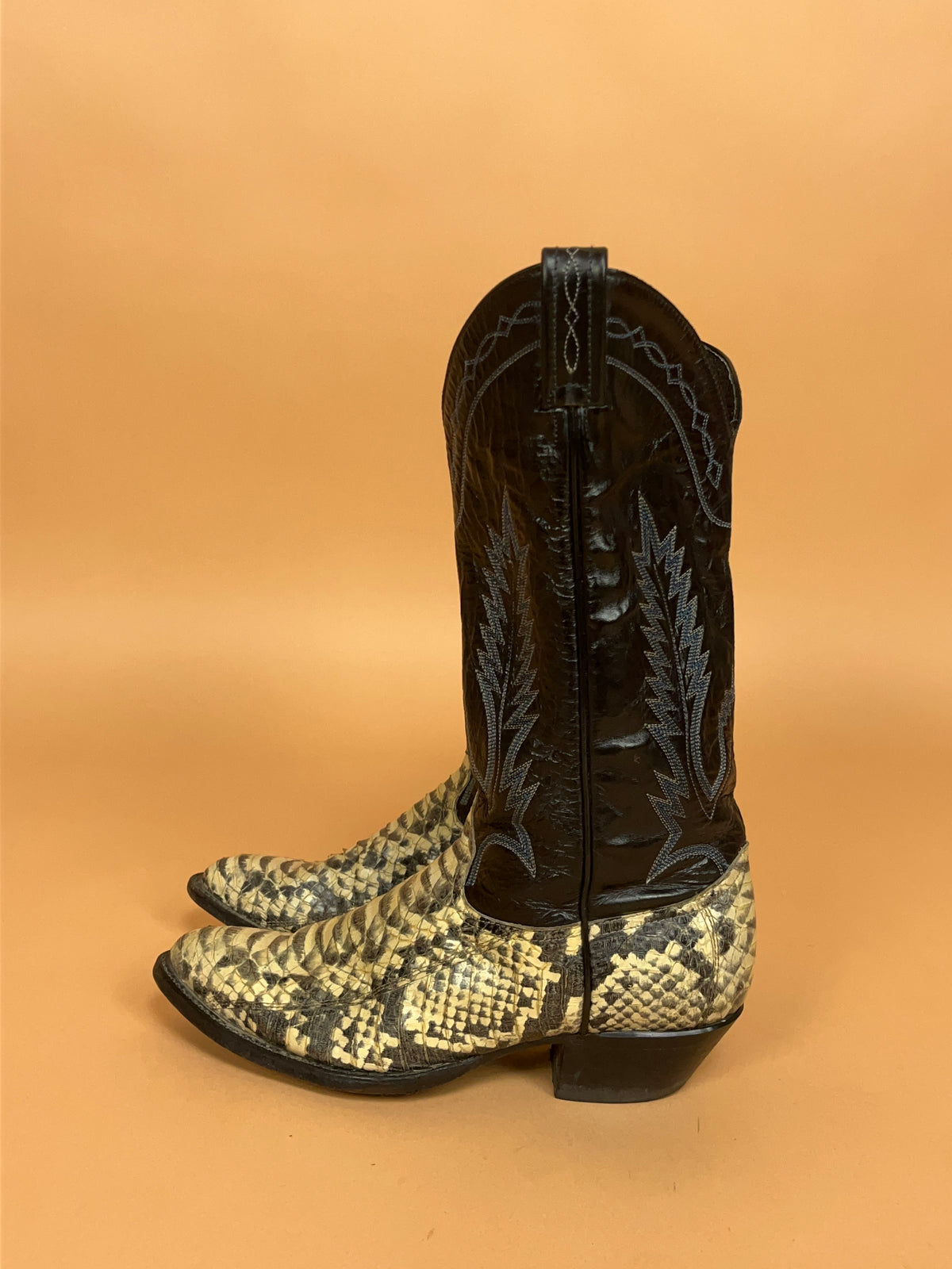 Vintage Two-Tone Snakeskin & Black Leather Western Boots - AU 7 Womens
