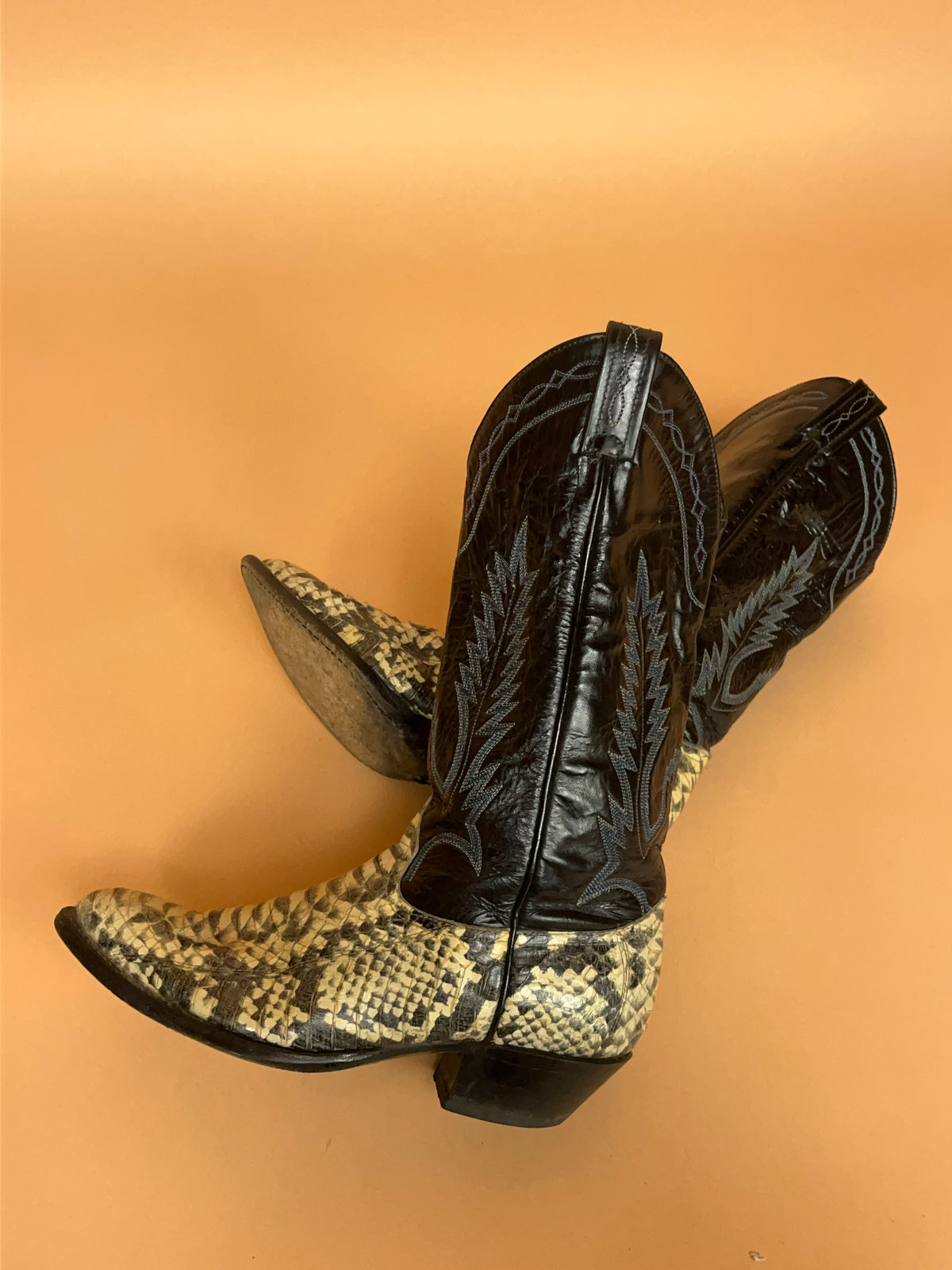 Vintage Two-Tone Snakeskin & Black Leather Western Boots - AU 7 Womens