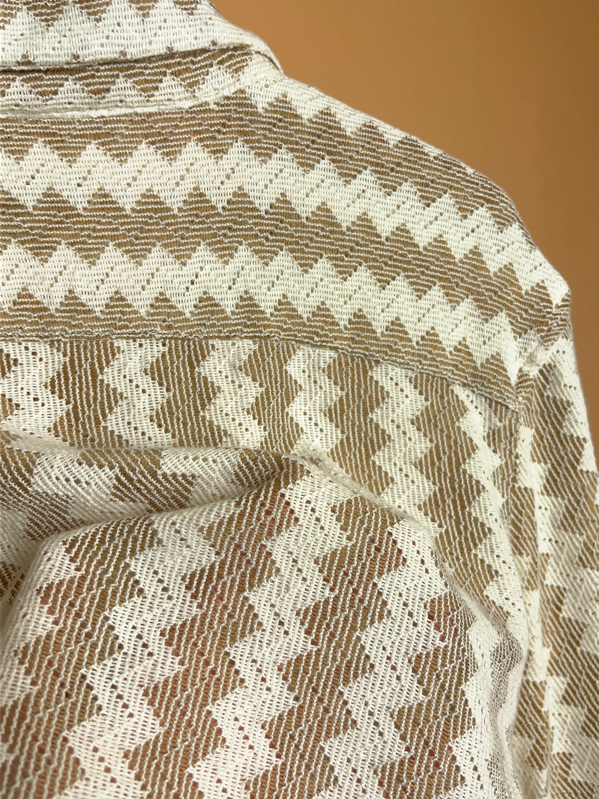 Y2K Smog Cream Tan Crochet Camp Collar Shirt - L
