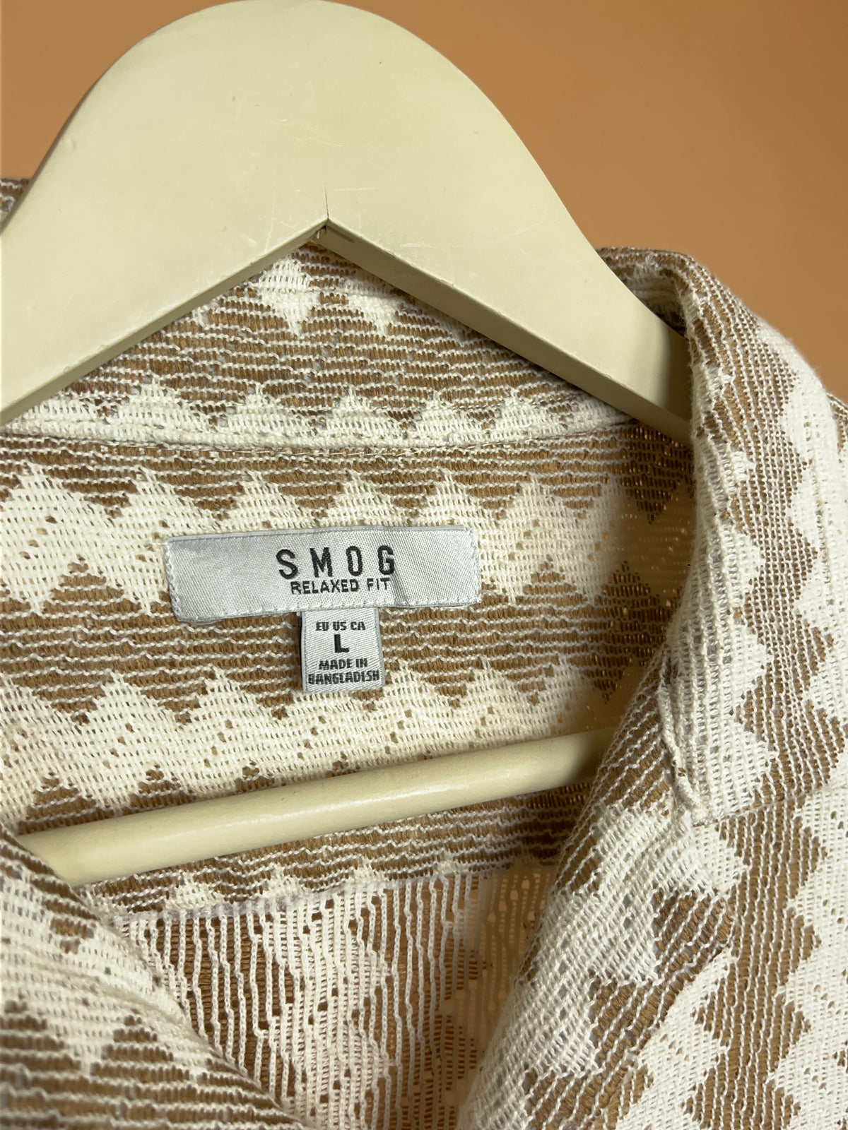 Y2K Smog Cream Tan Crochet Camp Collar Shirt - L