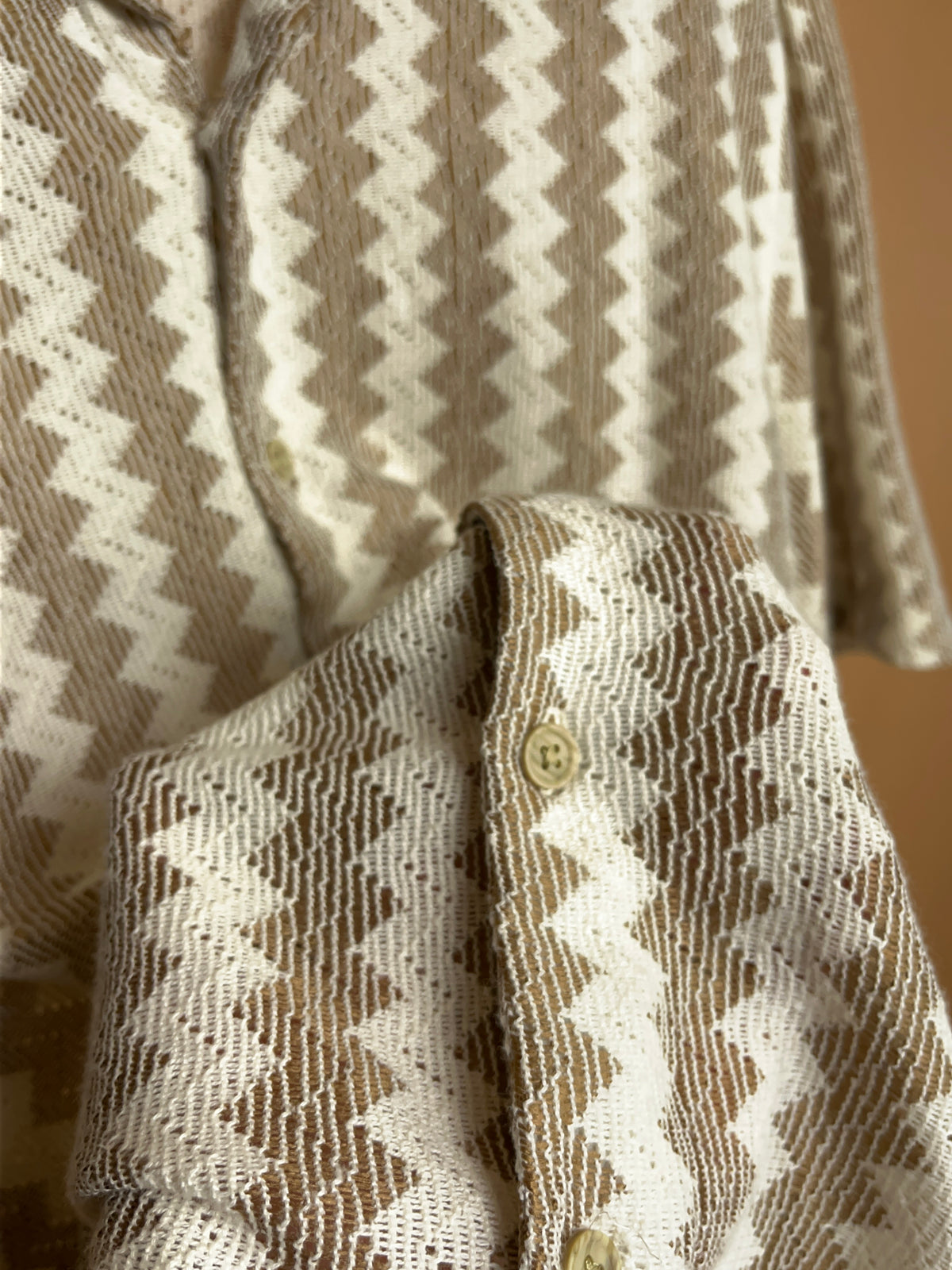 Y2K Smog Cream Tan Crochet Camp Collar Shirt - L
