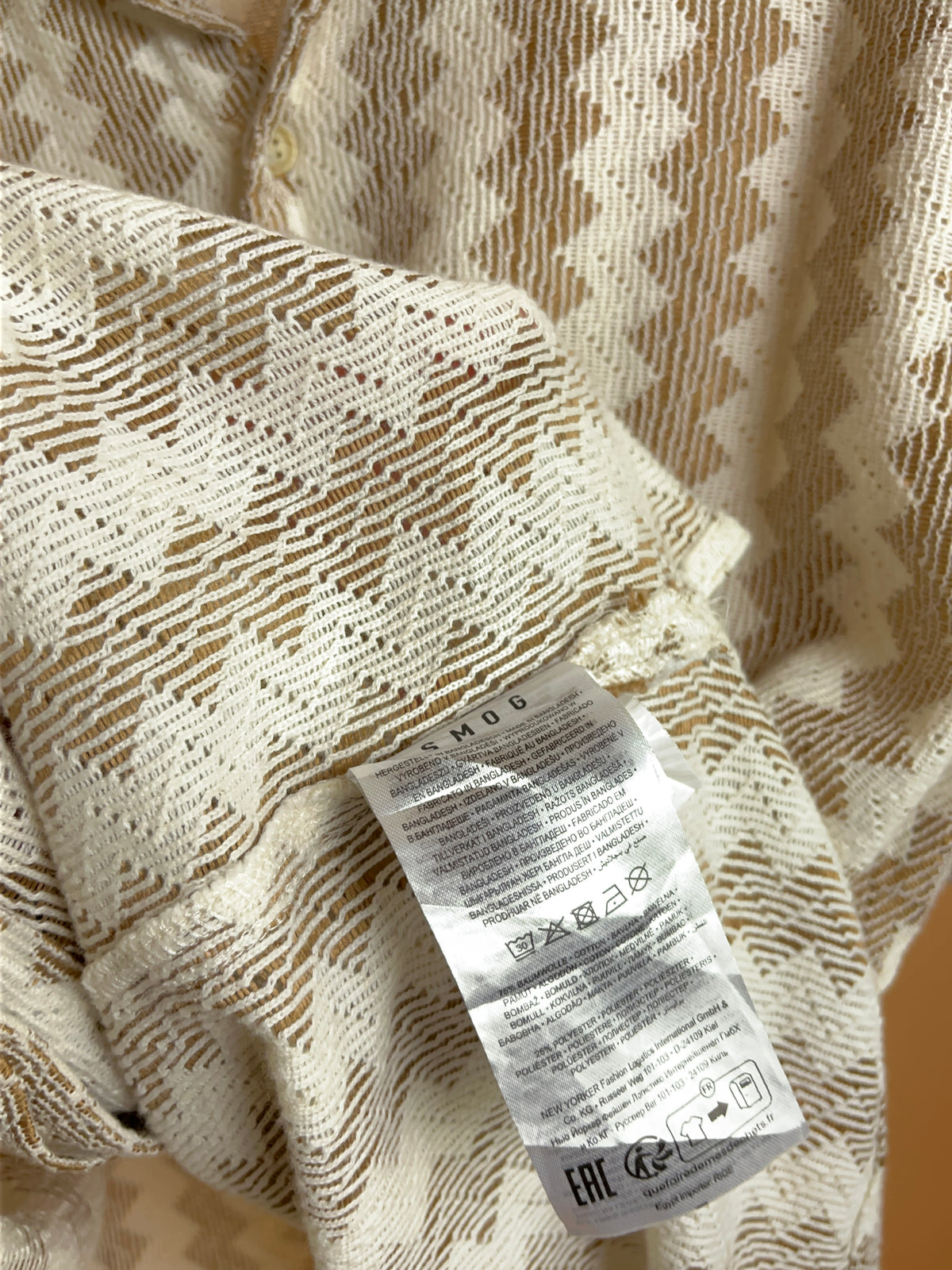 Y2K Smog Cream Tan Crochet Camp Collar Shirt - L