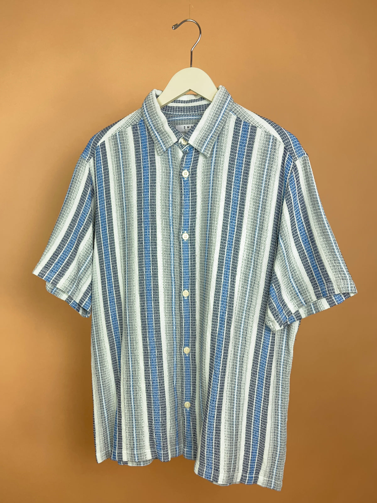Y2K Smog Blue Grey White Striped Waffle-Weave Camp Shirt - L