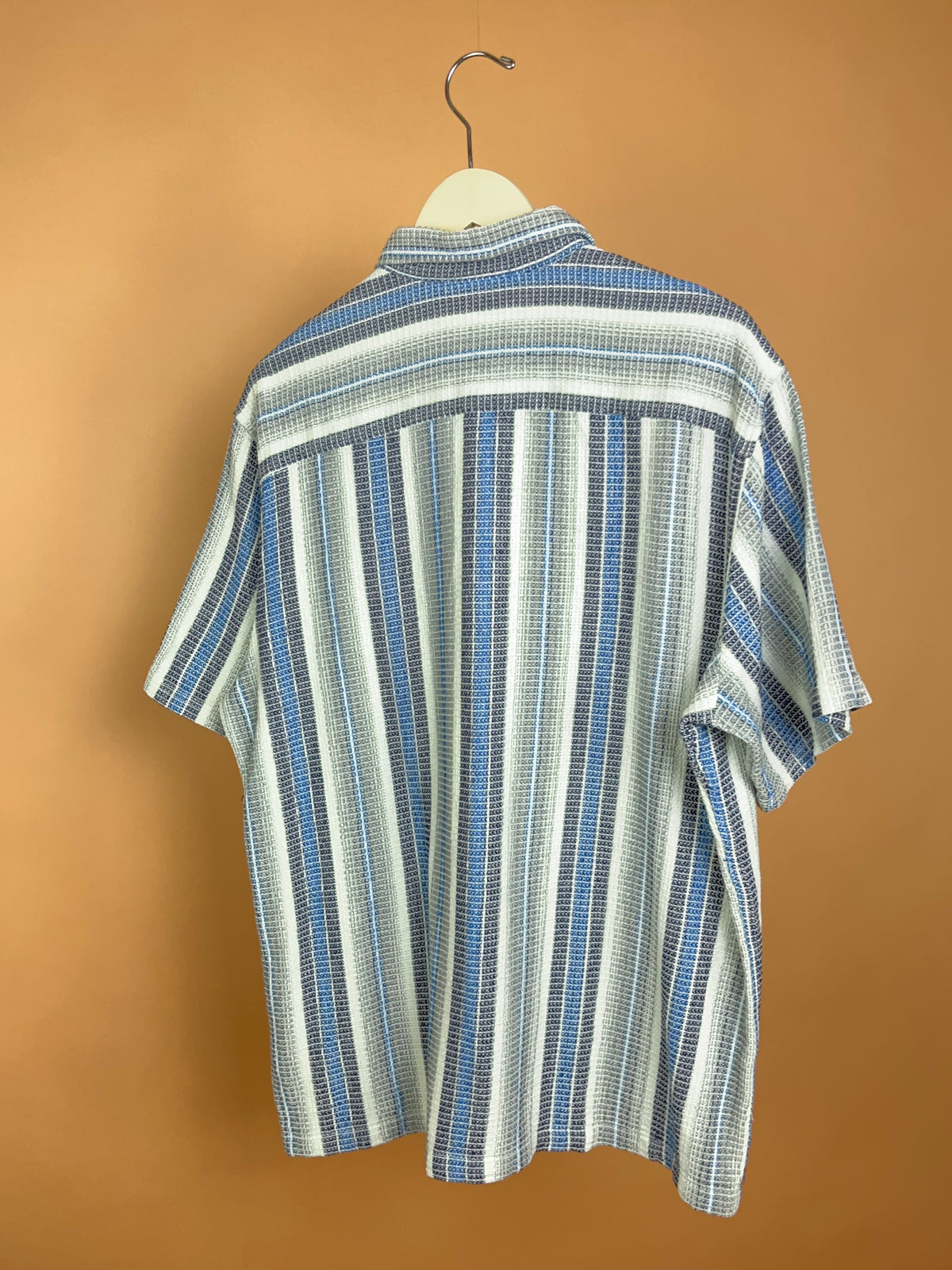 Y2K Smog Blue Grey White Striped Waffle-Weave Camp Shirt - L