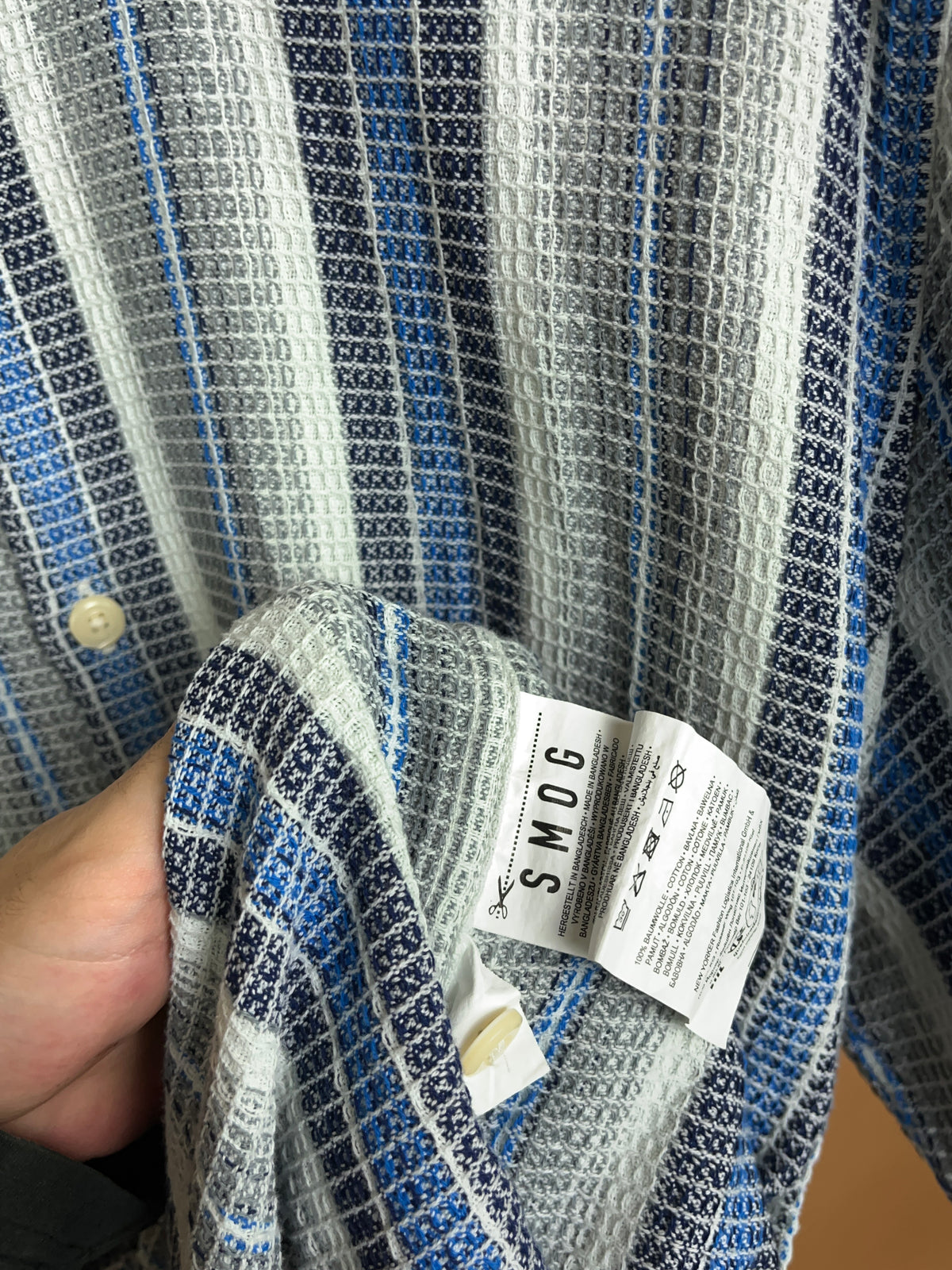 Y2K Smog Blue Grey White Striped Waffle-Weave Camp Shirt - L