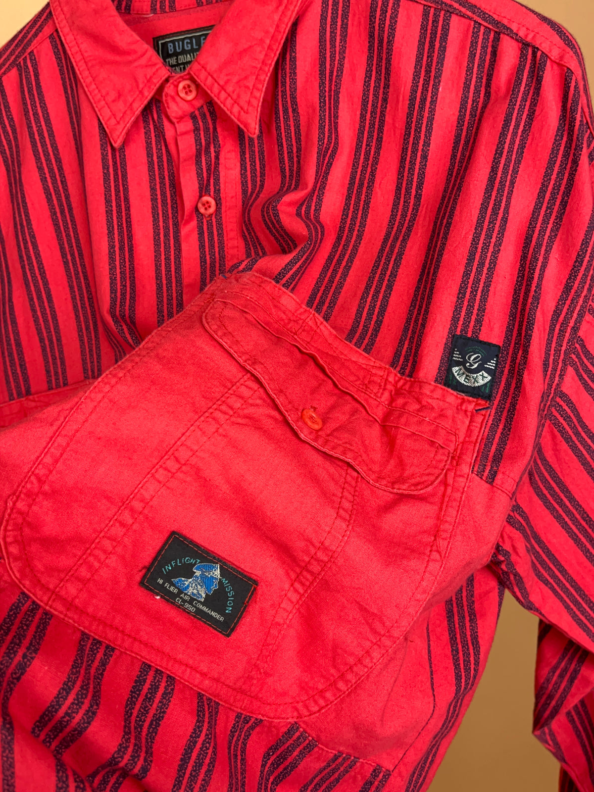 1980’s Bugle Boy ‘Hi Flier’ Bright Red/Black Striped Shirt -M