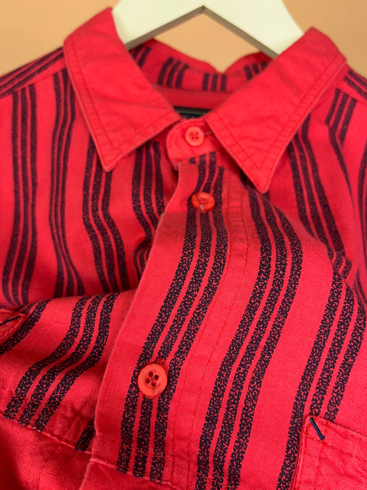 1980’s Bugle Boy ‘Hi Flier’ Bright Red/Black Striped Shirt -M