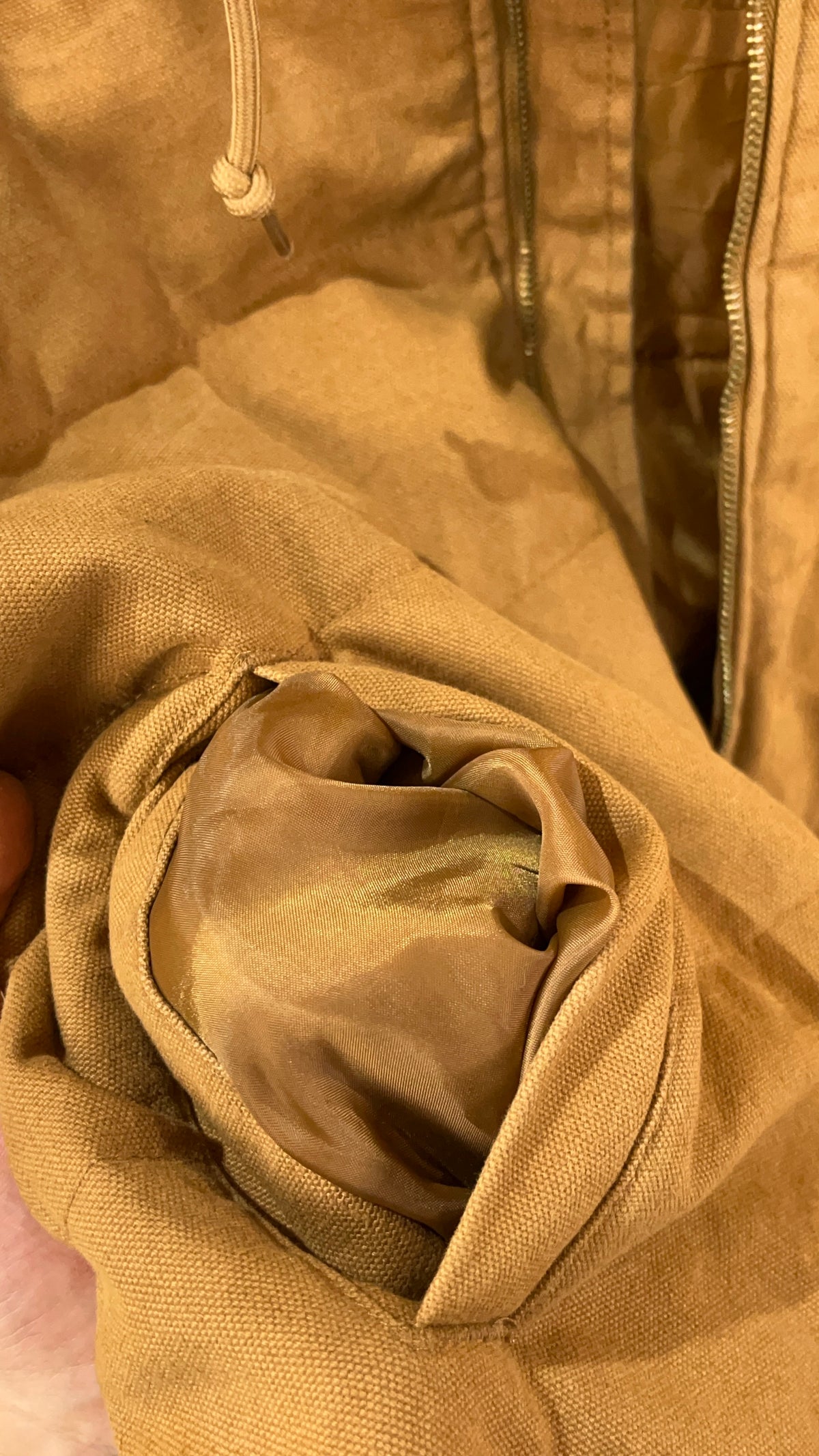 Vintage Wrangler caramel canvas hooded workwear gilet with drawstring hood — Arkive Vintage