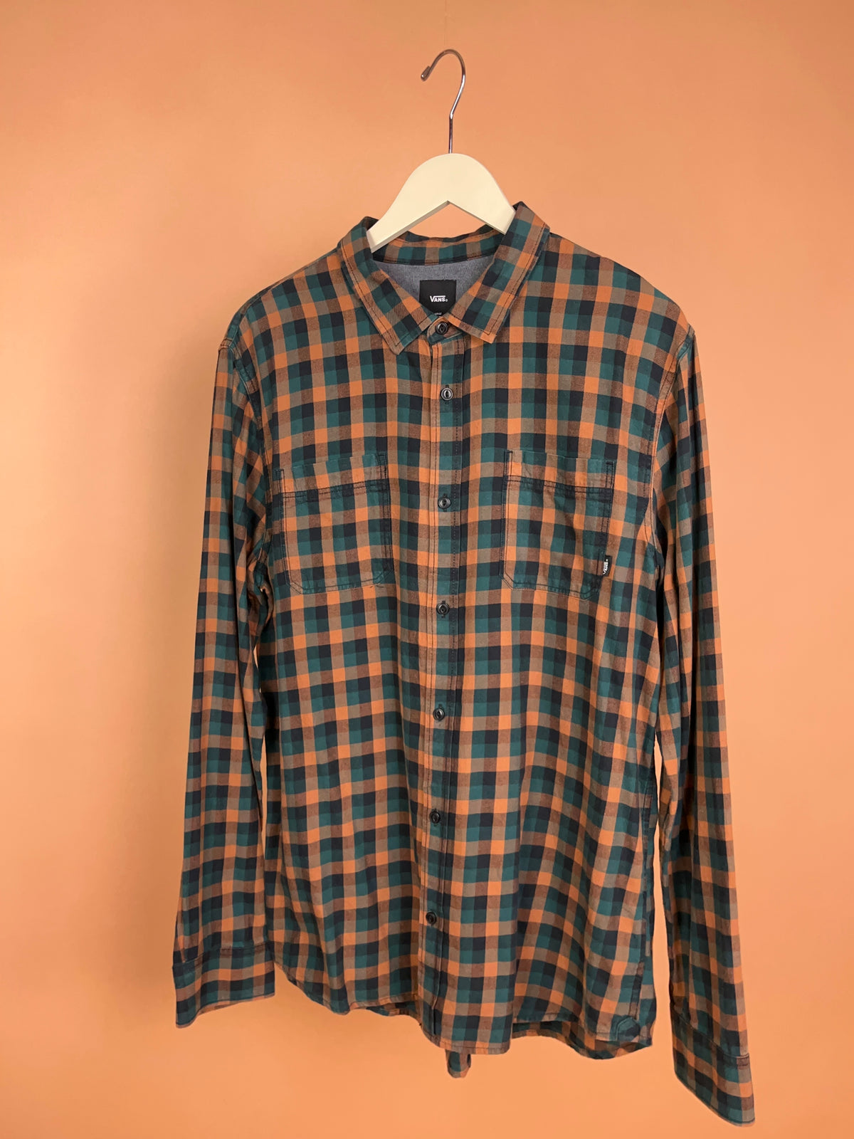 Y2K Vans Orange & Green Plaid Cotton Shirt - M