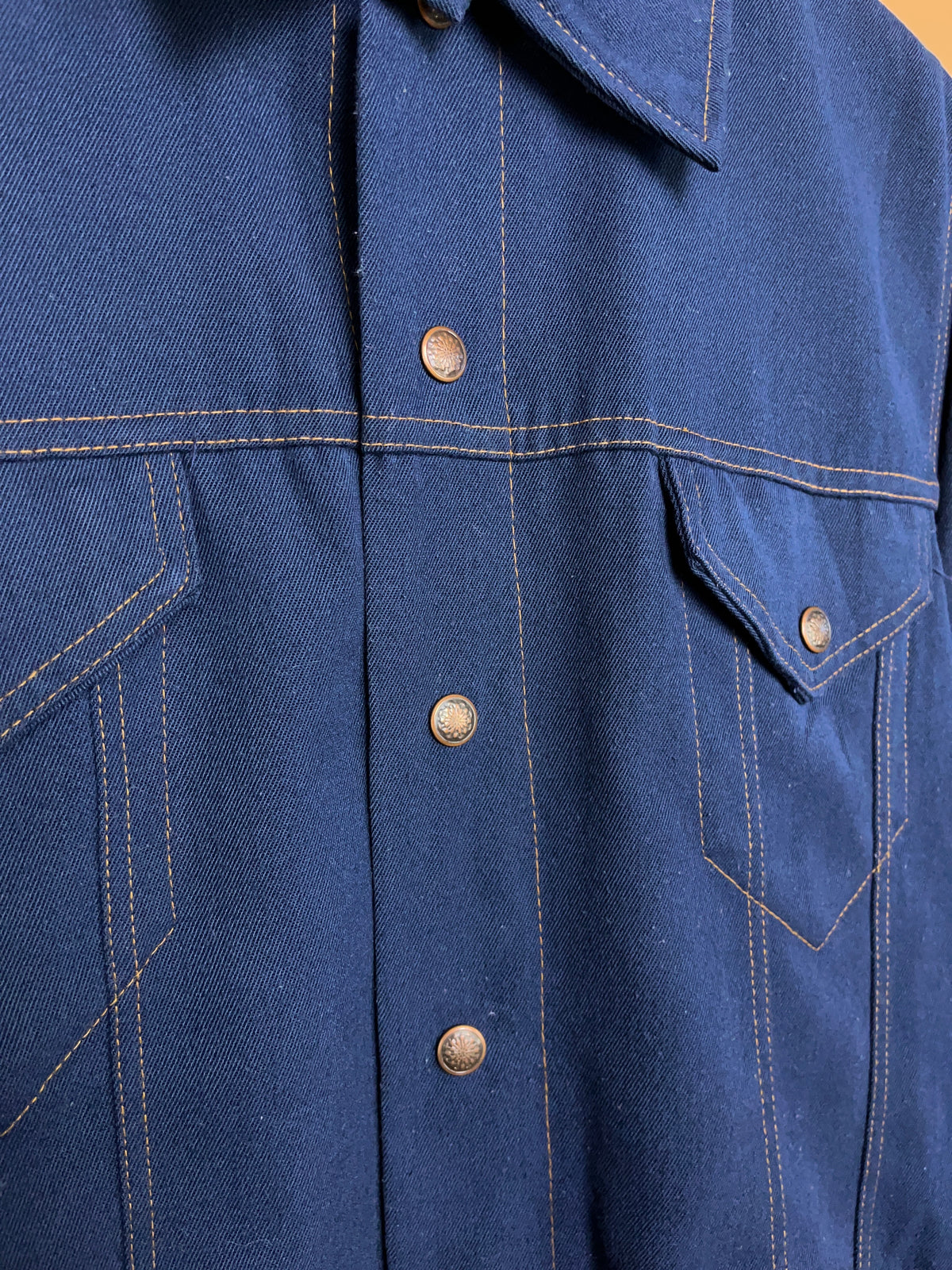 1970's Sears Trim Regular cobalt blue denim trucker jacket, snap front — Arkive Vintage