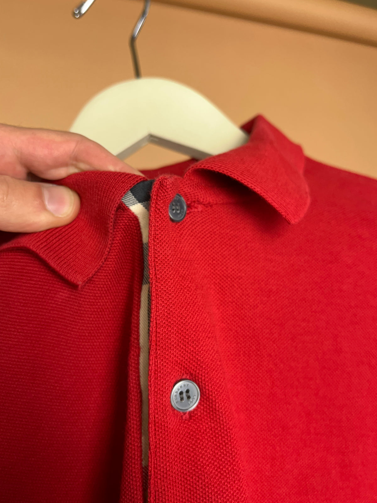 Y2K Burberry Brit red cotton polo shirt with Nova check hem vents — Arkive Vintage