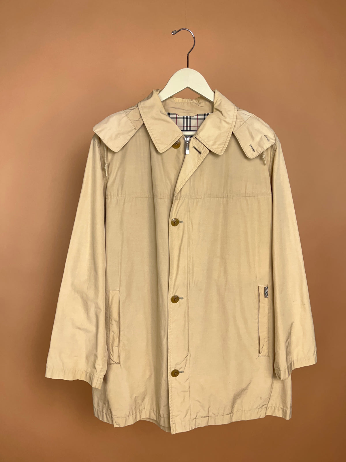 Y2K Burberry London beige coat with detachable hood, Nova check lining — Arkive Vintage