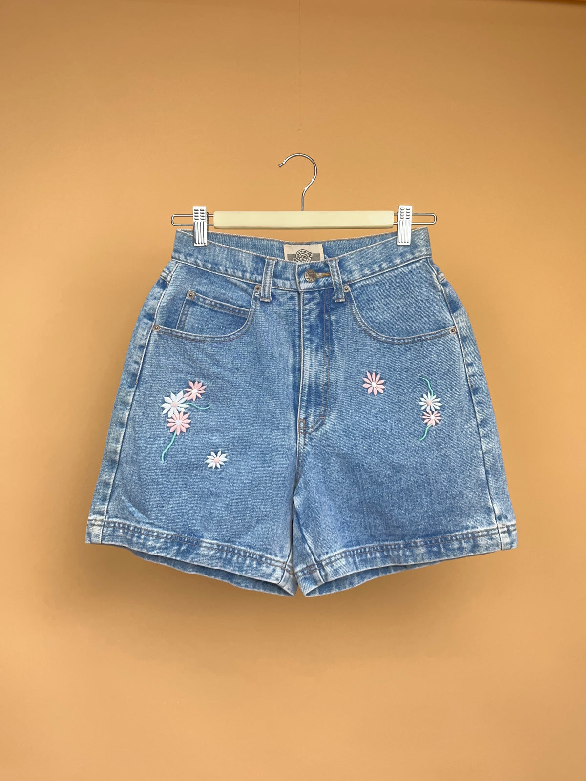 1990s Embroidered Floral High-Waisted Denim Shorts