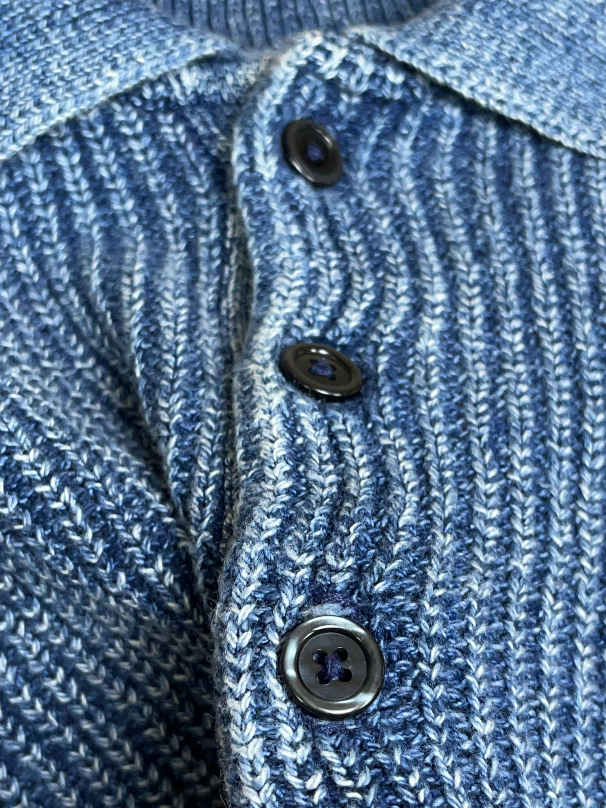 1980s The Territory Ahead Indigo Washed Cotton Knit Polo Sweater Made In USA - L