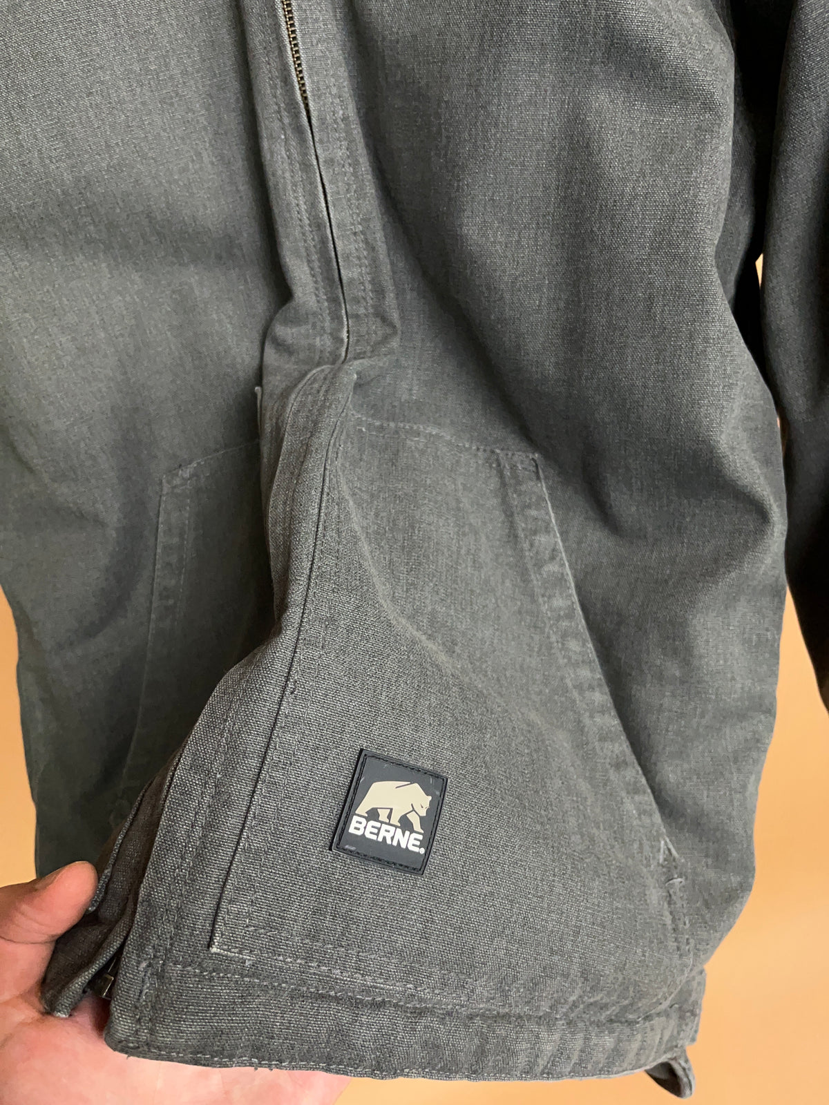 Y2K Berne Grey Duck Canvas Hooded Work Jacket Quilted Lined -S