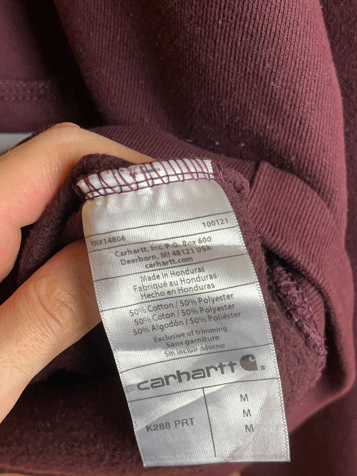 Carhartt maroon fleece hoodie with embroidered kangaroo pocket patch — Arkive Vintage