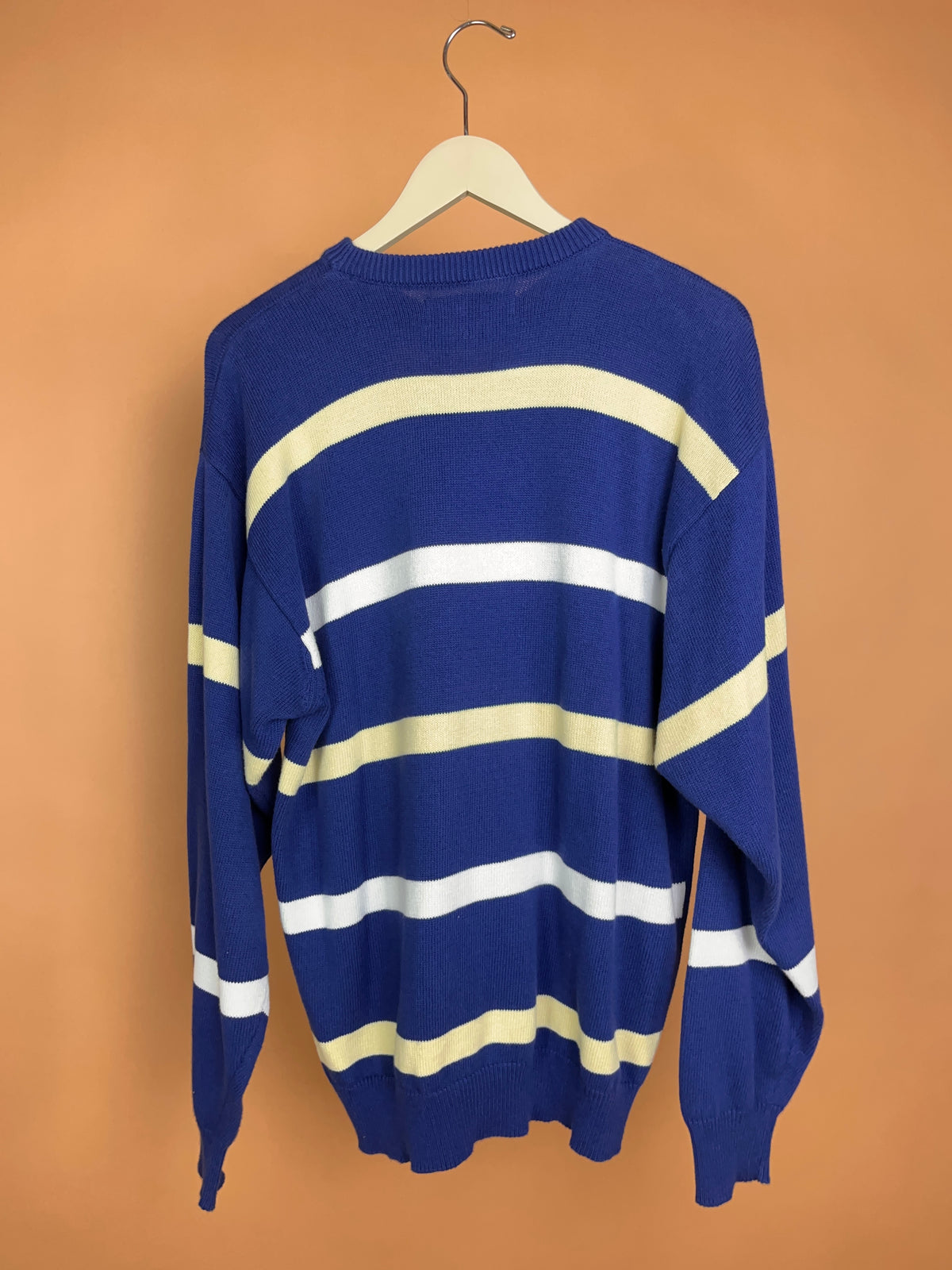 1990s Faldo by Pringle Royal Blue Cotton Abstract Stripe Jumper - L