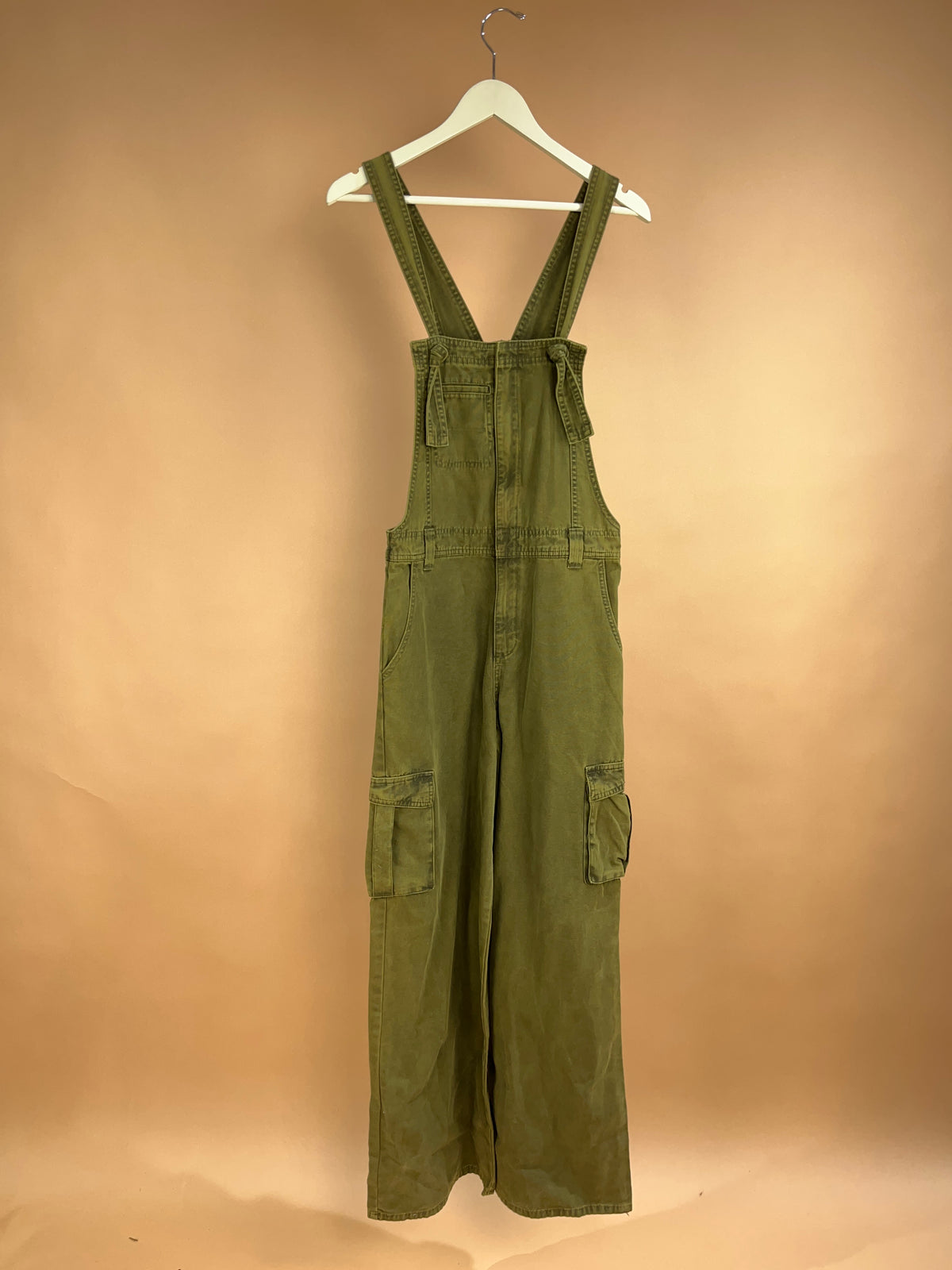 Y2K Olive Green Cargo Dungarees Wide Leg Military Style - 30"